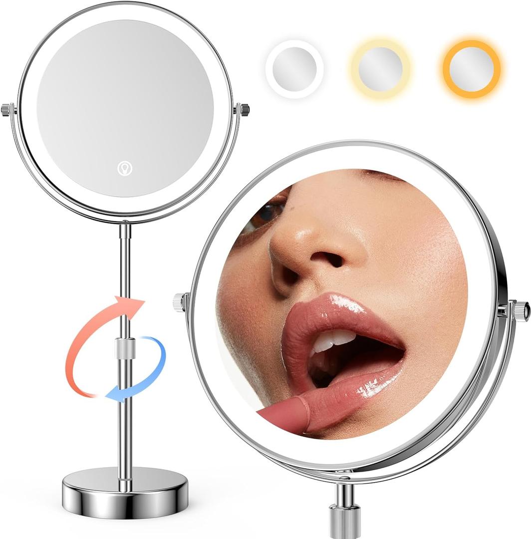 Nicesail LED Lighted Makeup Mirror Tabletop, 10X Magnifying Mirror with 3 Color Lights, Brightness Adjustable Height, Light up for Desk Make up Vanity Table, Double Sided Chrome Finish (8 Inch, 10X)