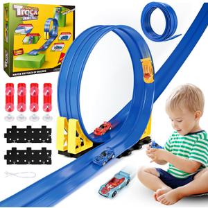 Flexible Race Track for Kids, 16.5 Ft Flex Track Set with 4 Cars & 4 Suction Cups | Roll Up Race Car Track for Indoor & Outdoor Play | Portable Toy Car Ramp Track for Boys & Girls| Birthday Gift