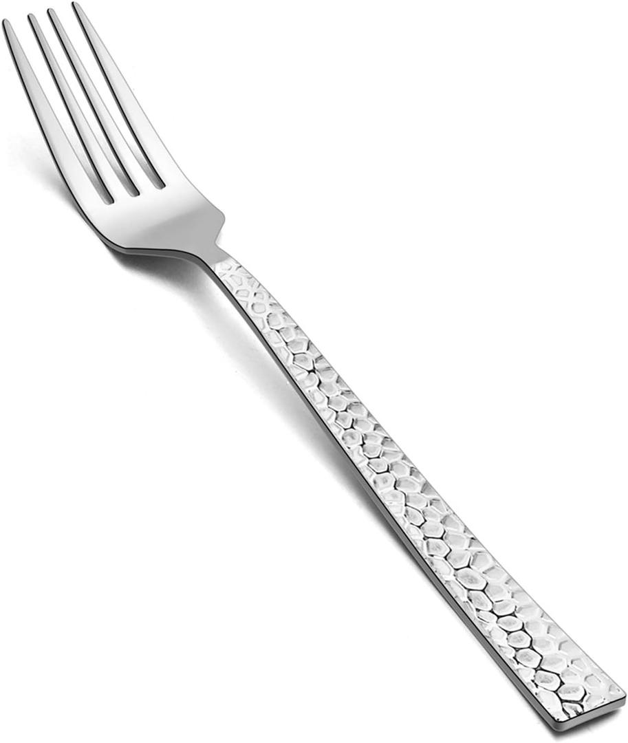 E-far 12-Piece Hammered Dinner Forks Set, 7.9 Inch Stainless Steel Forks for Home, Kitchen or Restaurant, Non-toxic & Mirror Polished, Squared Edge & Dishwasher Safe