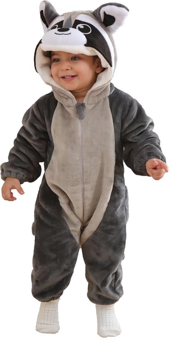 DarkCom Unisex Baby Raccoon Costume Animal Onesie Toddler Hooded Romper Halloween Kids' Christmas Pajamas (15-18 Months, Grey)