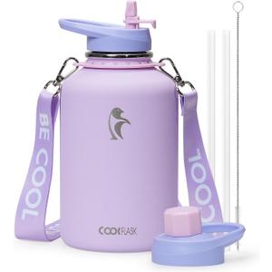 Coolflask Half Gallon Water Bottle with Strap, 64oz Insulated Water Jug Stainless Steel with Straw & Spout Lids, Metal Large Water Flask, Keep Cold 48h Hot 24h, Leak Proof & Non-BPA, Lavender