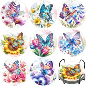 TDOOW Diamond Art Painting Coasters Kit, 8 Pcs Colorful Butterfly Diamond Art Coasters with Holder, DIY Diamond Painting for Beginners