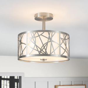 BUXVRCS Semi Flush Mount Ceiling Light, Unique 3-Light Drum Light Fixture with Fabric Shade, Kitchen Light Fixtures Ceiling Mount, Modern Close to Ceiling Lamp for Living Room (Brushed Nickel)