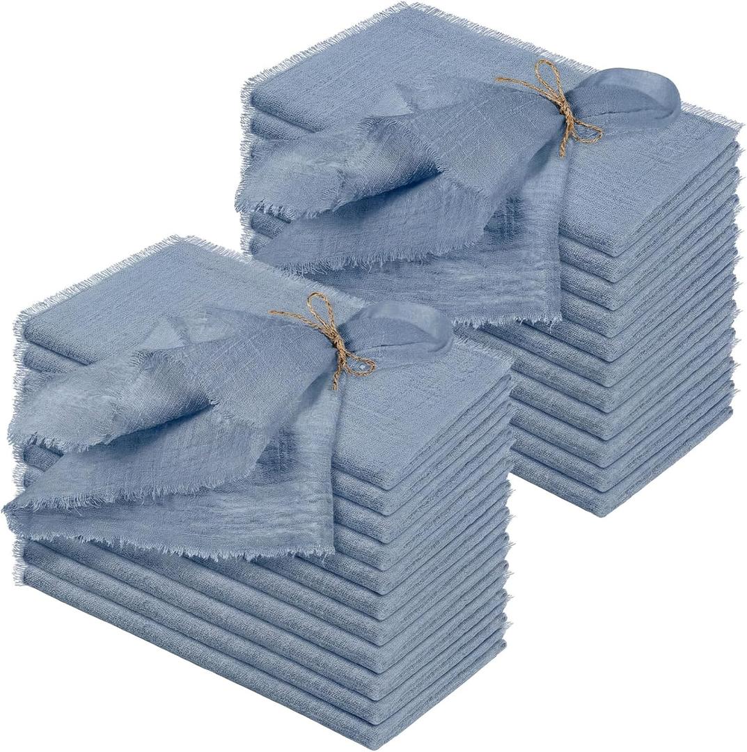 Preboun 24 Pcs Fringe Napkins Bulk Cloth Cotton Soft 17 x 17 Inch Rustic Reusable Washable Festive Square Table Napkins with Fringe for Parties Wedding Restaurant Table Accessory(Blue)