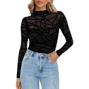Zeagoo Womens Mesh Sheer Long Sleeve Top Mock Turtle Neck See Though Shirts Ruched Sexy Casual Going Out Blouses Medium