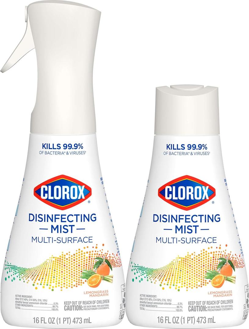 Clorox Disinfecting Mist, Lemongrass Mandarin, Household Essentials, 1 Sprayer Bottle and 1 Refill, 16 Fl Oz Each