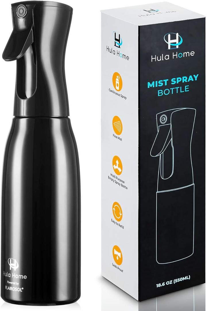 Hula Home Spray Bottle for Hair (20oz/590ml) - Powered by Flairosol Spray Technology - Continuous Ultra Fine Mist Sprayer  For Hairstyling, Cleaning, Salons, Plants, Essential Oil & More - Black