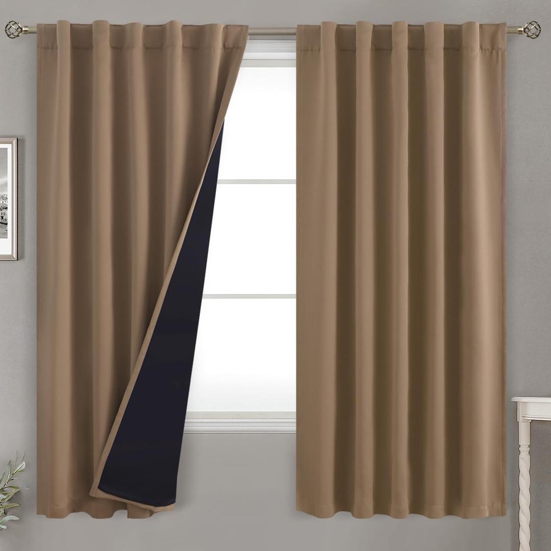 BGment 100% Room Darkening Thermal Insulated Blackout Curtains 63 Inches Long with Liner, Rod Pocket and Back Tab Double Layer Noise Cancelling Curtains for Bedroom (42 x 63 Inch, 2 Panels, Taupe)