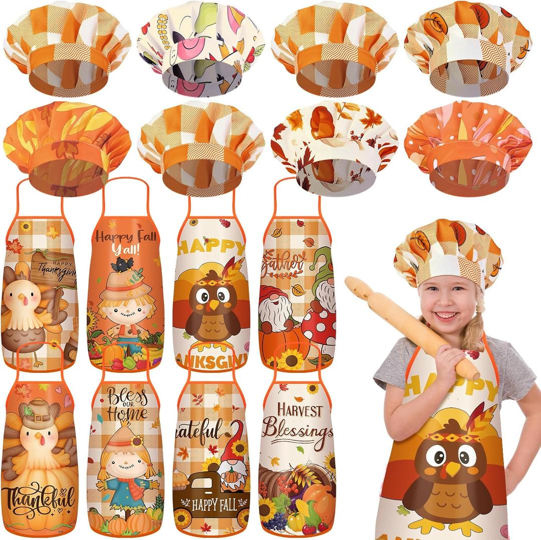 Newcotte 16 Pcs Kids Thanksgiving Apron and Chef Hat Set Happy Fall Adjustable Children Turkey Cute Child Chef Apron and Hat Boys Girls Kitchen Bib Aprons Gift for Girl Boy Cooking Baking Painting