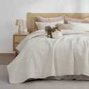 BEDELITE Velvet Quilt Set King Size, Luxury Velvet Comforter for All Season, Lightweight Soft Quilted Bedding Set, Striped Channel Oversized Bedspread Coverlet with 2 Pillow Shams, Ivory White