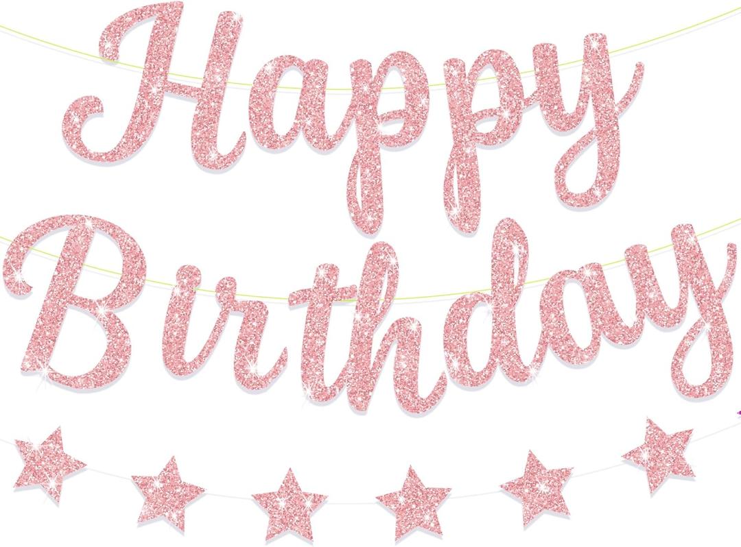 Pink Happy Birthday Banner for Women/Girl Birthday Party Decorations Glitter Star Birthday Garland Banner Sign