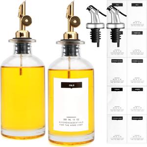 12 oz Olive Oil Dispenser Bottle for Kitchen - Elegant Glass Set of 2 With Pour Spout for Coffee Syrup, Vinegar