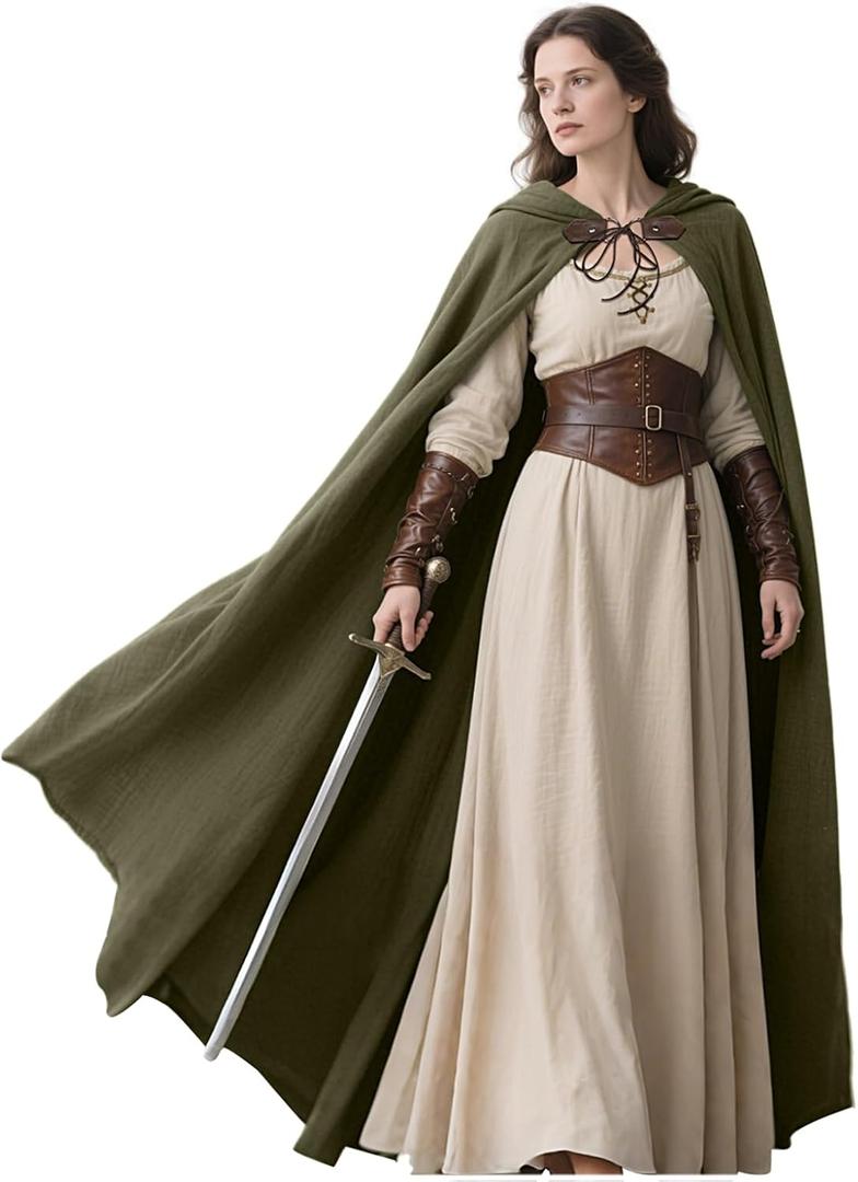 L'VOW Medieval Hooded Cloak Linen Renaissance Cape with Hood - Halloween Hobbit Cosplay Witch Wizard LARP