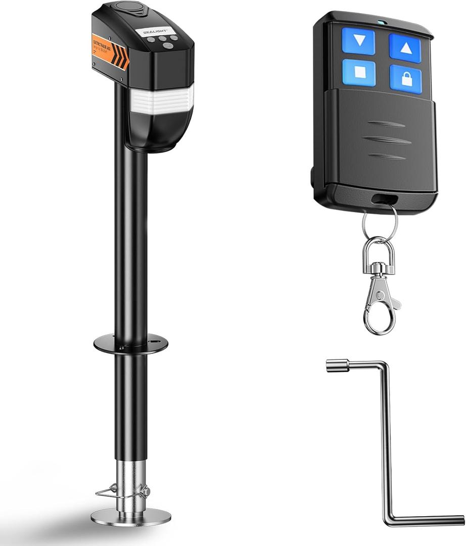 SEALIGHT 7500LB Electric Trailer Jack, with Remote Control,Range up to 30 MetersElectric Tongue Jack, 9.84-33.85 Lift, Power Tongue Jack for A-Frame, Utility and RV Trailer,12V DC and LED Light