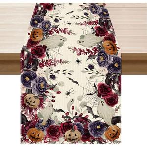 2 x XCHI Flowers Spooky Pumpkin Halloween Table Runner Party Table Decoration for Home Kitchen Dining Holiday Decor 13x60 Inch