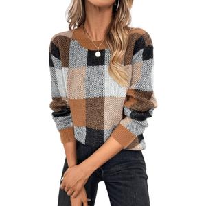 GORGLITTER Women's Argyle Checkered Sweater Plaid Long Sleeve Fall Knit Sweater Pullover Tops Multicolor Small