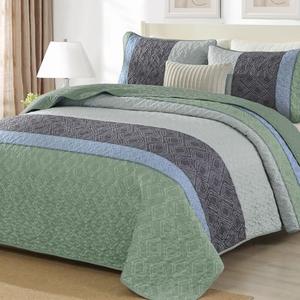 Cottolester Boho Queen Quilt Set,Striped Plaid Bedspread Coverlet Set,Grey Green Bedding Set Soft Microfiber Bedding Set with 2 Pillow Shams 96"x90"