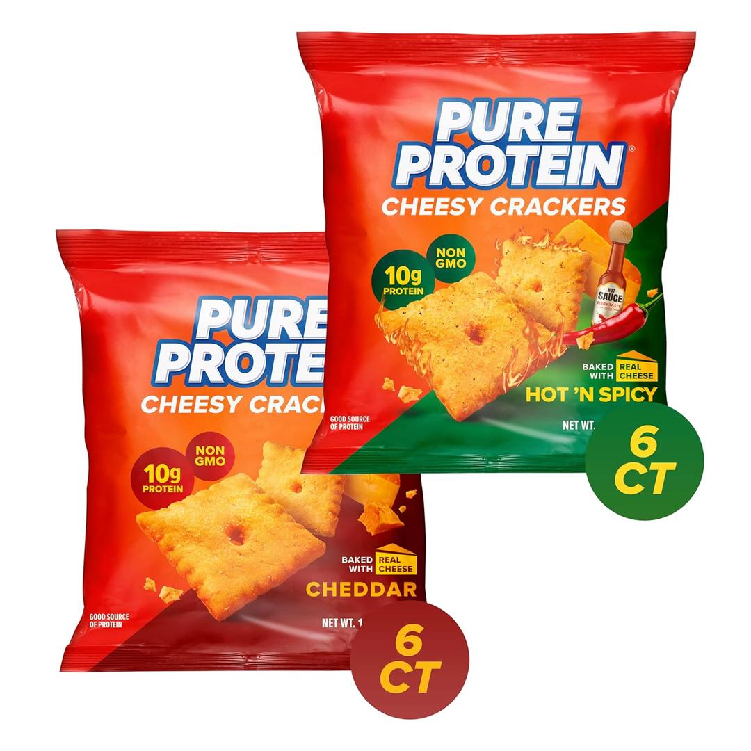 Pure Protein Cheesy Crackers Variety Pack, 6 Hot and Spicy and 6 Cheddar, High Protein Snack, 10G Protein, 1.34 oz, 12 Count
