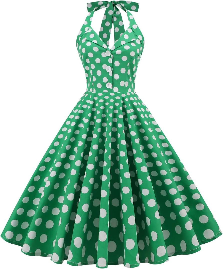 50s Dresses for Women Vintage 1950s Halter Retro Cocktail Dress 50s Polka Dot Pinup Rockabilly Audrey Hepburn Tea Party Dress (Large, Green-button)