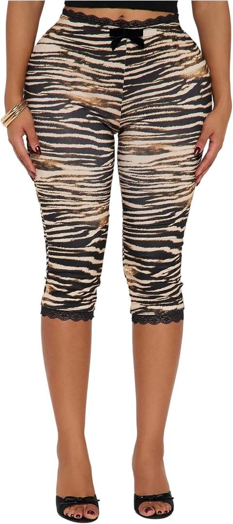 Women's Zebra Striped Skinny Bermuda Shorts Bowknot High Waisted Lace Leggings Shorts (M)