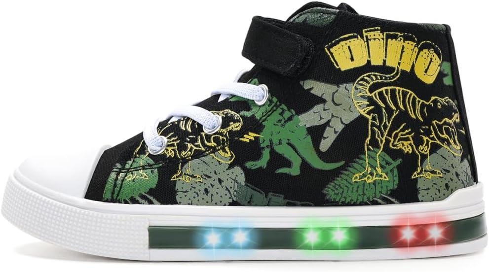 EUXTERPA Kids Toddler Sneakers Light Up Flashing Shoes Girls Boys Easy Fasten High Top Walking Canvas Sneaker (2 Big Kid, Green Dinosaur)