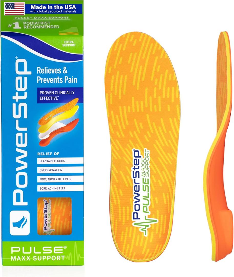 PowerStep Pulse Maxx Running Insoles - Overpronation Corrective Orthotic Inserts for Running Shoes - Maximum Ankle, Foot Pain Relief & Arch Support Insoles - Made in The USA (Men's 12-13) (Orange/Yellow)