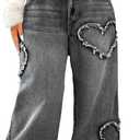 High Waisted Wide Leg Jeans, Heart Pattern Distressed Denim (3X, Gray)