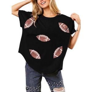 Womens Sparkle Football Sequin Rugby Tee Game Day Pullover T-Shirt Crewneck Oversized Short Sleeve Washed Tops (Small, Black)