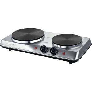 OVENTE Electric Countertop Double Burner, 1700W Cooktop with 7.25" and 6.10" Cast Iron Hot Plates, Temperature Control, Portable Cooking Stove and Easy to Clean Stainless Steel Base, Silver BGS102S
