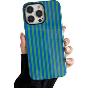Compatible with iPhone 16 Pro Case Cute Aesthetic Striped Phone Case for Women Girl Shockproof Slim TPU and Hard PC Protective Cover (Green and Blue)