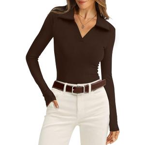 Womens Polo Shirts Long Sleeve Business Casual Tops Collared V Neck Ribbed Knit Sweater Slim Fit Blouses, Size: M