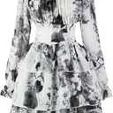 OBBUE Women's Summer Dress Tie Back Square Neck Aline Long Sleeve Layered Swing Mini Dresses, S