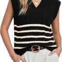 Glamaker Women Summer Striped Sweater Vest Sleeveless V Neck Knit Oversized Casual Cap Sleeve Spring Tops Trendy (L)