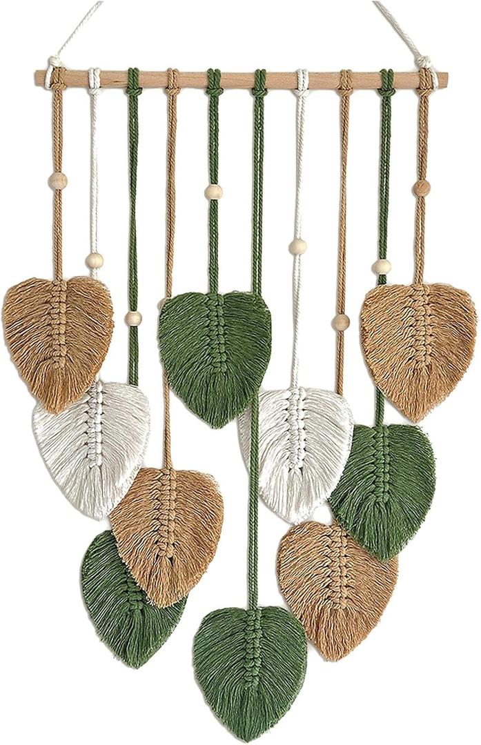 15.7x36 Inch Macrame Wall Hanging Nursery Decor Leaves Woven Tapestry Feather Handmade Yarn Tassels Boho Wall Decor for Bedroom Living Room Apartment Home Backdrop (Green)