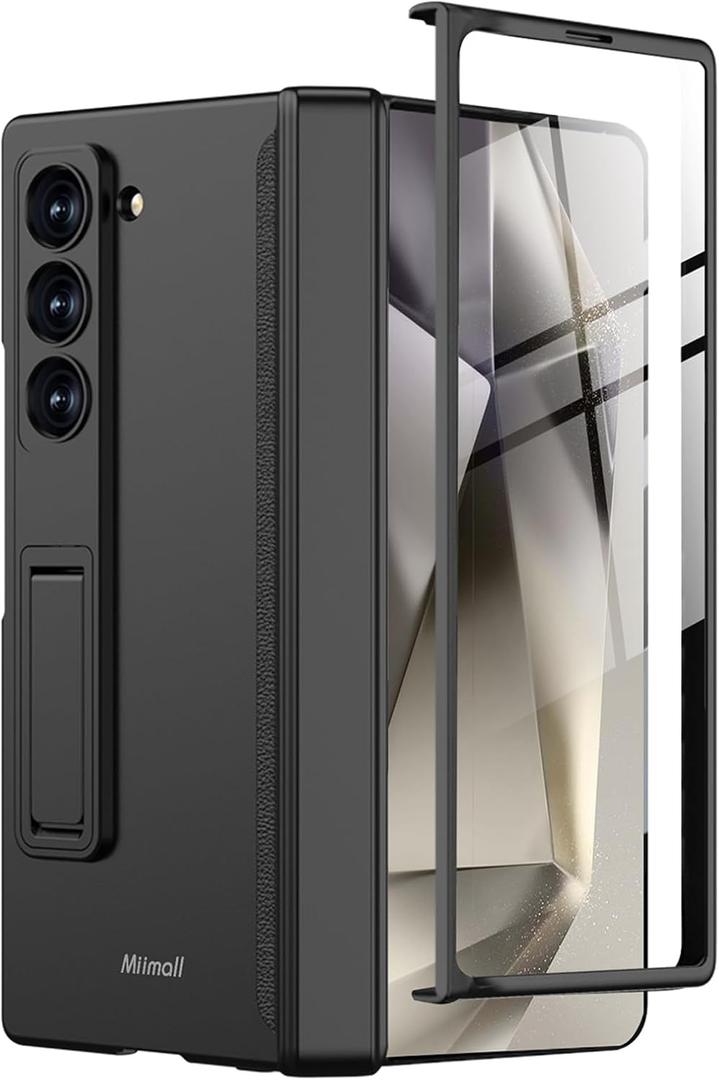 Miimall Slim Case for Samsung Galaxy Z Fold 6 Case with Screen Protector, [Wireless Charging]Built-in Adjustable Kickstand & Magnetic Hinge Protection Full-Body Phone Case for Galaxy Z Fold 6 5G Black