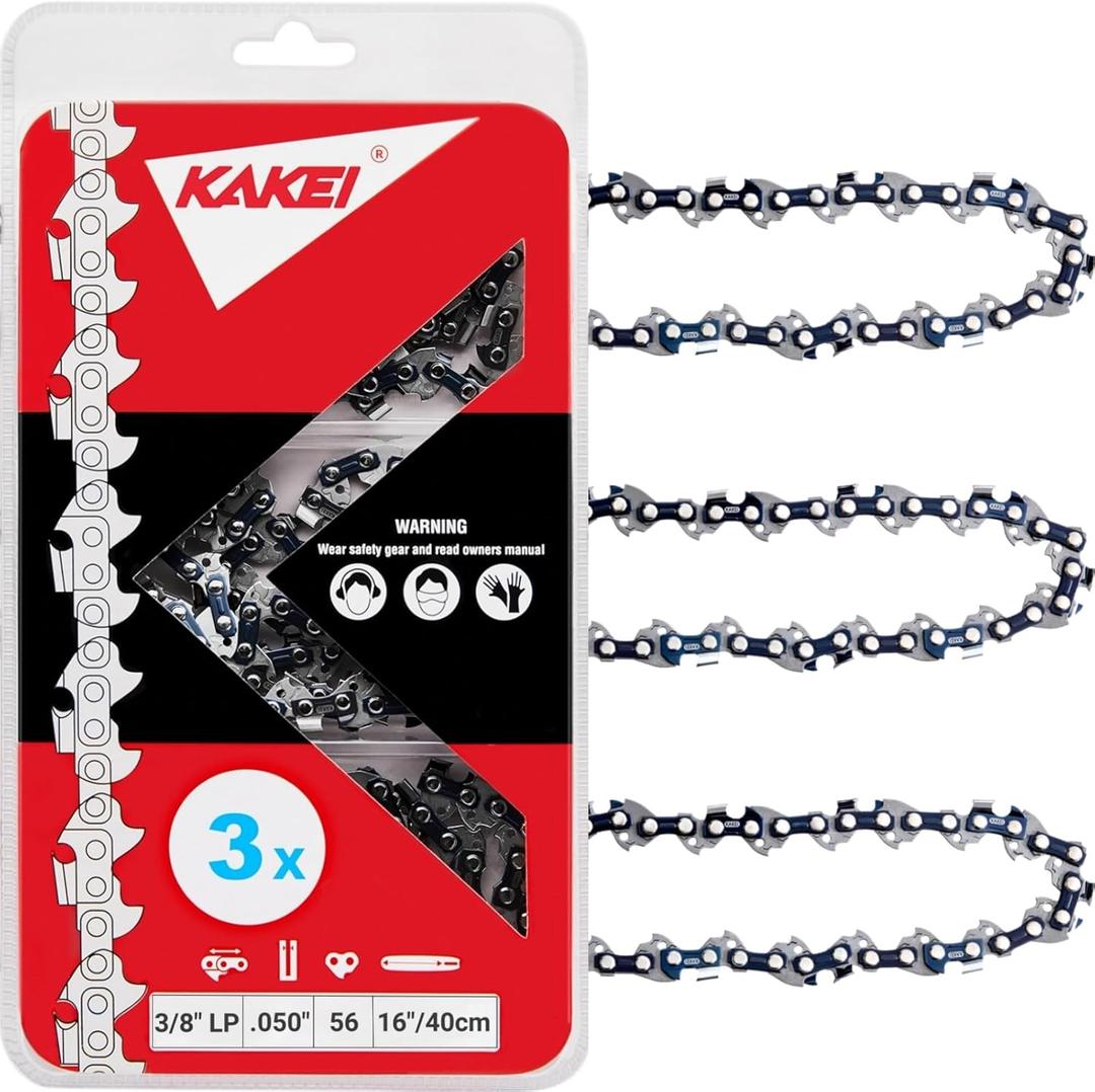 KAKEI 16 Inch Chainsaw Chain 3/8" LP Pitch .050" Gauge 56 Drive Links Fits Craftsman, Poulan, Ryobi, Echo, Greenworks and More- S56 (3 Chains) - Semi Chisel