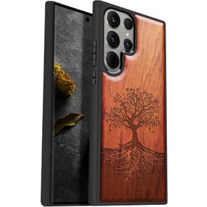Carveit Wood Case for Galaxy S24 Ultra Case [Natural Wood & Black Soft TPU] Shockproof Protective Cover Unique Wooden Design Compatible with Samsung S24 Ultra (Tree with Roots-Rosy)