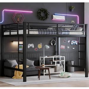 Bellemave Queen Size Loft Bed with 2 Ladder and Guardrails, Metal Loft Bed Frame, for Adults, Kids, Teens, Black