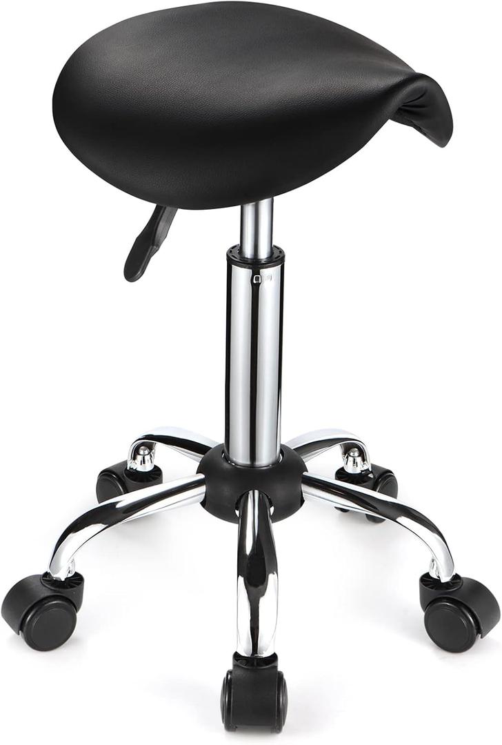 Saddle Rolling Stool with Wheels PU Leather Height Adjustable Swivel Stool Chair Black