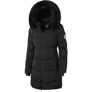 ASPO Women's Winter Puffer Coats Thicken Fleece Lined Waterproof Parka Warm Down Jacket Faux Fur Detachable Hood Hiking Snow M