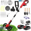 Electric Weed Wacker Eater Battery Powered,Cordless Weed Trimmer with 2 Pcs 21V/2.0Ah Battery Operated & Charger & 90Min Runtime, 5 Blades for Thick Weeds/Edging/Mowing for Garden Yard - Red