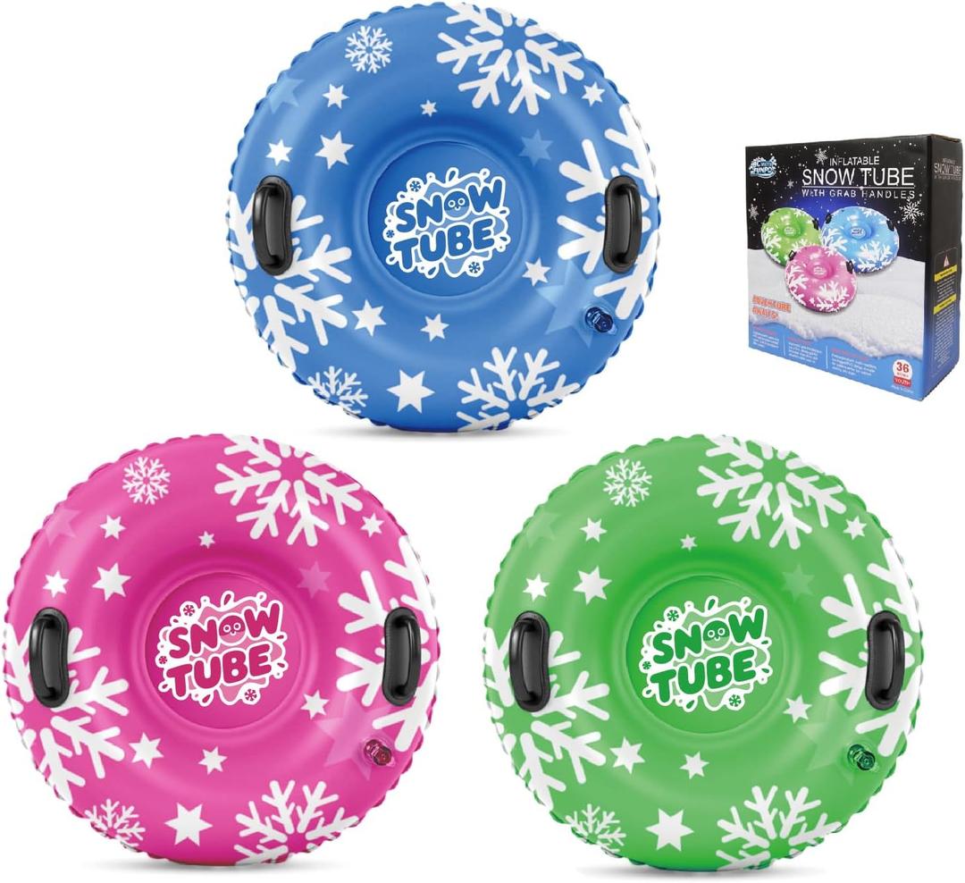 Snow Tube, 3 Packs Sledding Snow Tube Sports Inflatable Snow Sled Thickened Duty Hard Bottom Sleds for Snow with Handles, Winter Outdoor