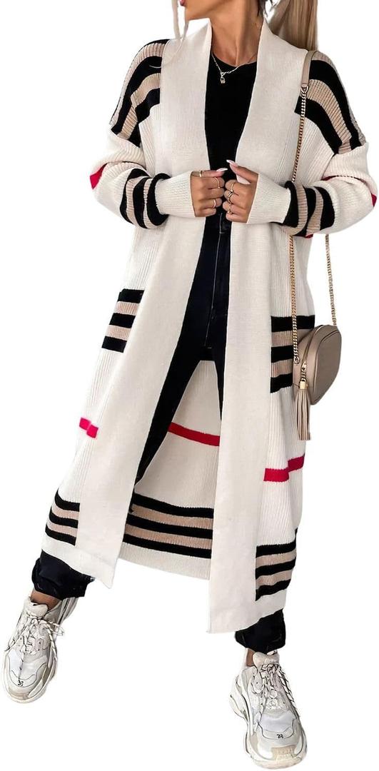ebossy Women's Vintage Open Front Knit Striped Maxi Long Cardigan Sweater with Pockets (White, 2XL)