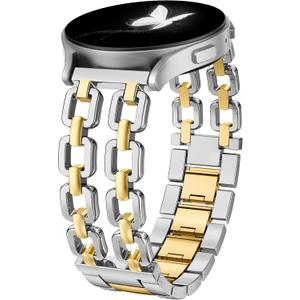 Wearlizer Metal Band Compatible with Samsung Galaxy Watch 7 6 5 4 FE Active 2 40mm 44mm/Watch 6 4 Classic 43mm 47mm 42mm 46mm/Watch 5 Pro 45mm Bands, 20mm Dressy Stainless Steel Chain Strap Women (Silver/Gold)