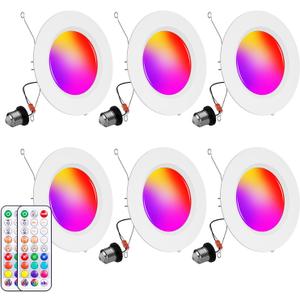 6 x Recessed Lighting 5/6 Inch, 6Pack Color Changing LED Can Lights for Ceiling, 13W 1050LM Retrofit Recessed Lights with Baffle Trim, RGBCW Downlight Dimmable by Remote Control, Memory, Delayed Light Off