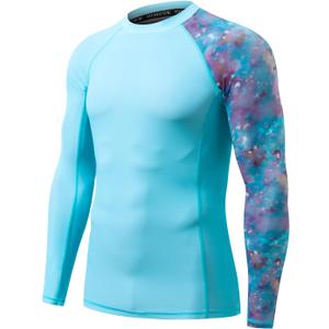 HUGE SPORTS Men's Rash Guard Long Sleeves UPF 50+ UV Sun Protection Quick Drying Splice Compression Swim Shirts (X-Large, Dream Blue)