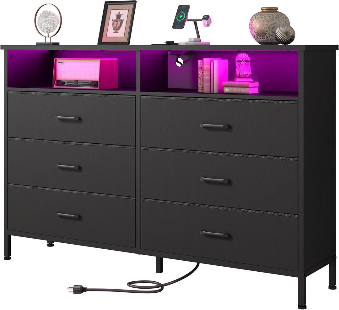 Dresser for bedroom, Fabric Black Bedroom Dresser with LED Lights and Charging Station, 6 Long Drawers Dressers, Tall Wide Chest of Drawers Storage Organizer TV Stand for up to 60" TV for Living Room
