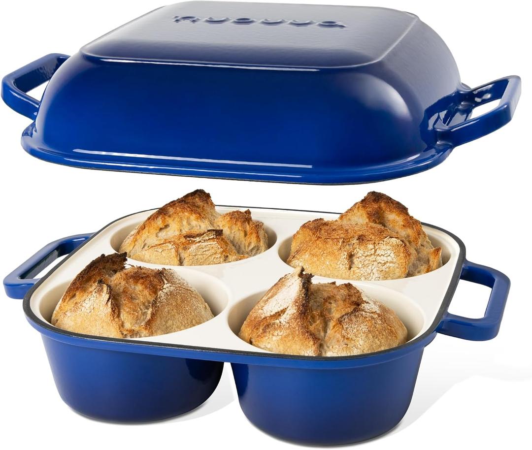 QuadPro Enamelled Cast Iron Bread Loaf Pot – Dutch Oven for Sourdough Bread Baking – 500°F Oven Safe Non Stick Bread Pot – 4 Round Loaf Spaces (4.90-inch Diameter), Dark Blue – by Nuovva