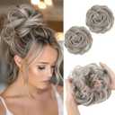 SARLA 2PCS Messy Hair Bun Hair Pieces Wavy Curly Synthetic Updo Fake Scrunchies Ponytail Extension for Women Polar Silver