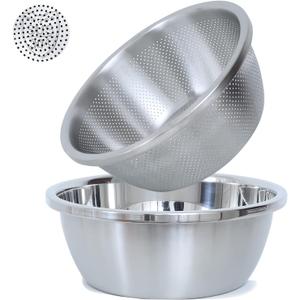 304 Stainless Steel Microporous Colander, 2QT Large Capacity with Mixing Bowl For washing vegetables, fruit and rice and for draining cooked pasta (2PC)